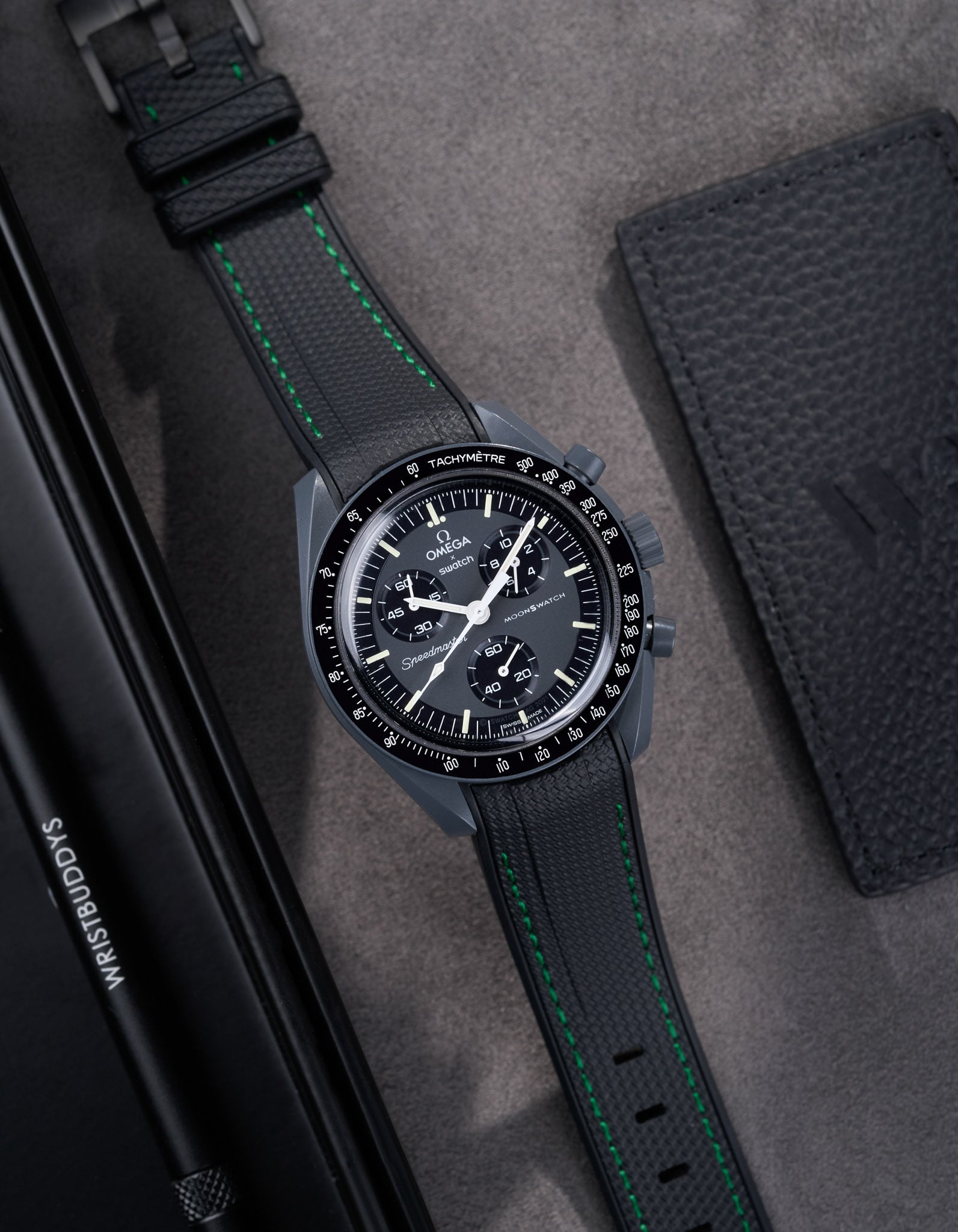 Curved Vertech Rubber Strap - Black & Green Stitches