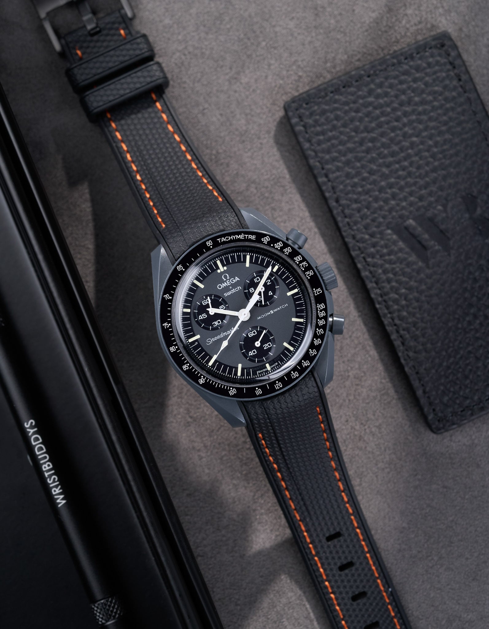 Curved Vertech Rubber Strap - Black &amp; Orange Stitches