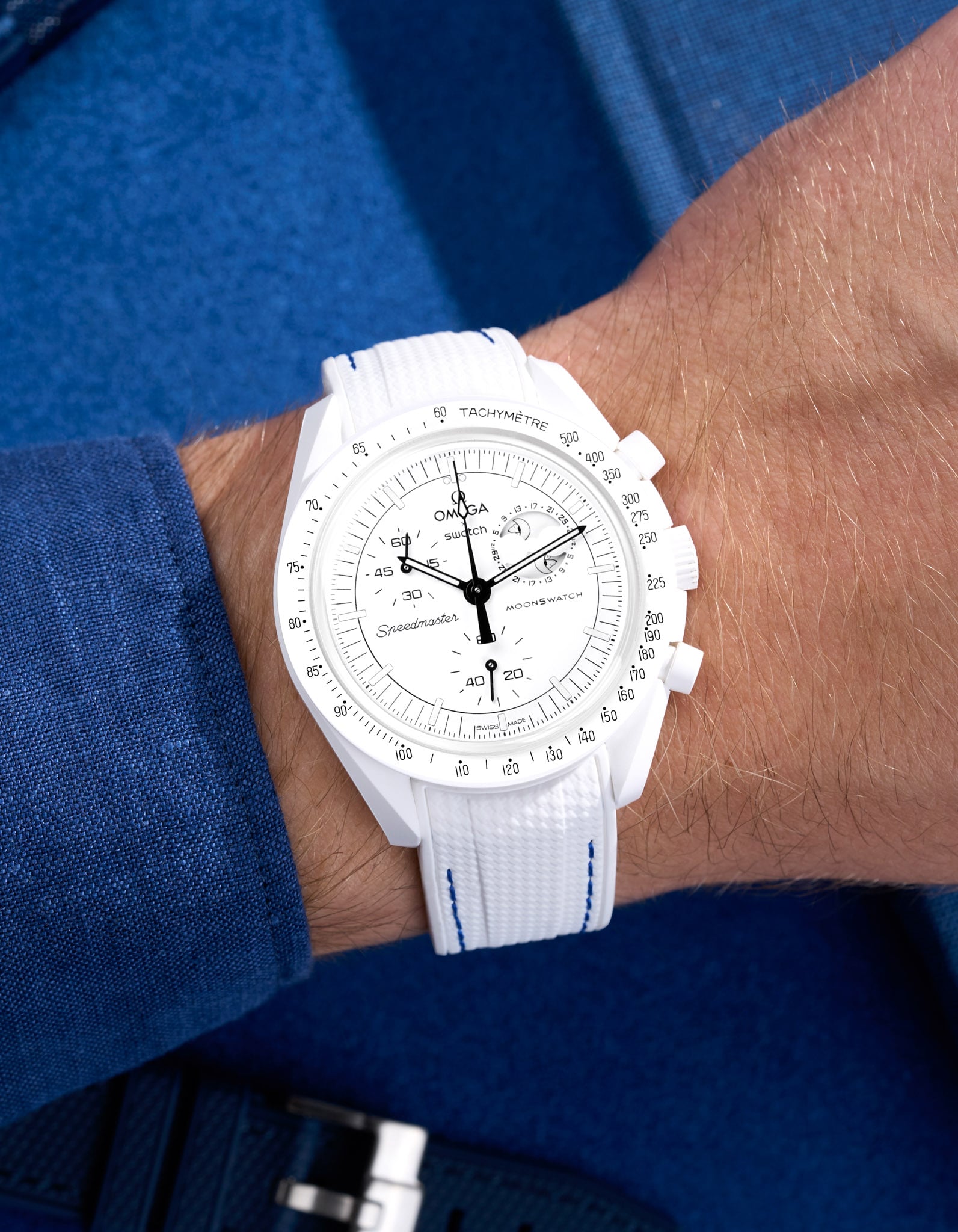 Curved Vertech Rubber Strap - White &amp; Blue Stitches